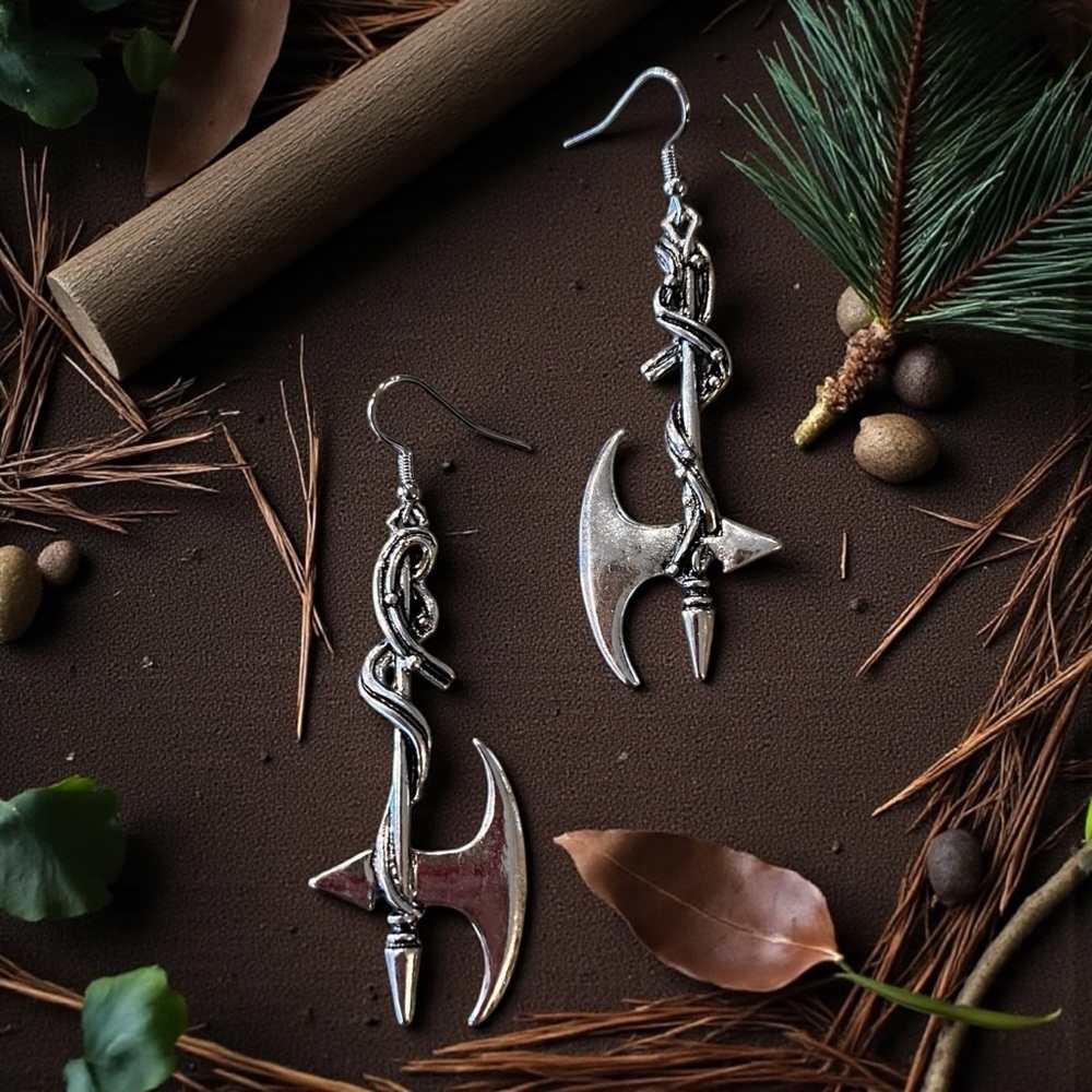 Silver Toned Battle Axe Earrings
